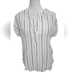 THE WORKSHOP Gauzy Short Sleeve Striped Blouse With Lace Sleeve Detail.Size M